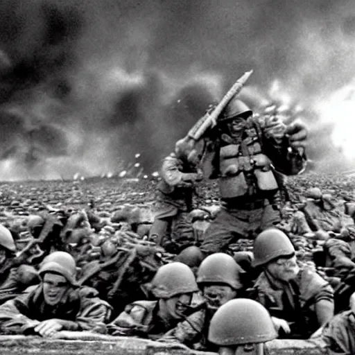 Prompt: movie still from saving private ryan except they are fighting giant minions