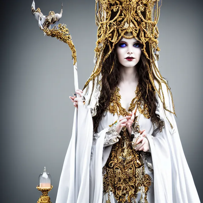 Image similar to full length photo of a very beautiful!! elemental air witch with ornate white robes, highly detailed, 4 k, hdr, smooth, sharp focus, high resolution, award - winning photo