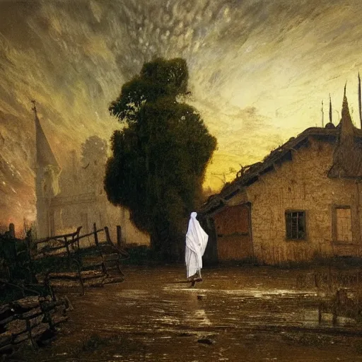 Prompt: a ghost in front of a 1 9 th century hungarian village, oil paint, nikon d 7 5 0, glow - in - the - dark, rtx, insanely detailed and intricate, hypermaximalist, elegant, ornate, hyper realistic, super detailed, by caspar david friedrich, eugene delacroix, jmw turner, cinestill sample