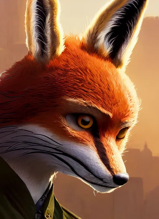 Image similar to highly detailed portrait fantastic mr fox in gta v, stephen bliss, unreal engine, fantasy art by greg rutkowski, loish, rhads, ferdinand knab, makoto shinkai and lois van baarle, ilya kuvshinov, rossdraws, tom bagshaw, global illumination, radiant light, detailed and intricate environment