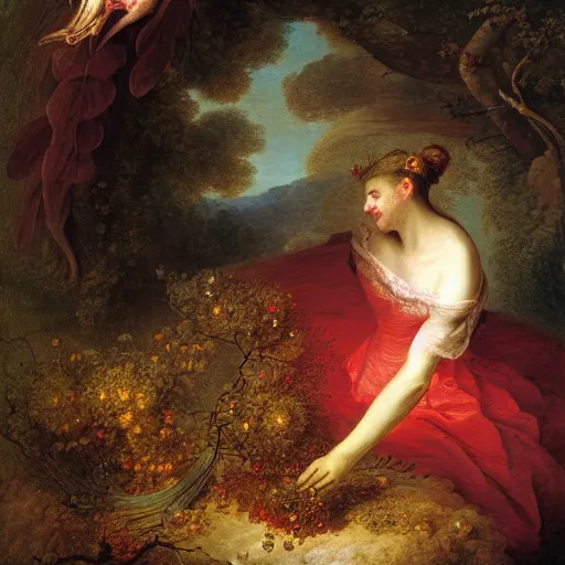 Image similar to wonderful world of carnivorous plant eating a woman, painted in high resolution, 8k, by fragonard