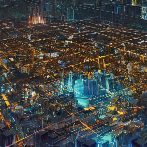 Prompt: large group people in a huge warehouse, looking at a tabletop futuristic city hologram | cinematic concept art | godrays | 4 k | clear details | tabletop | tabletop | hologram foreground
