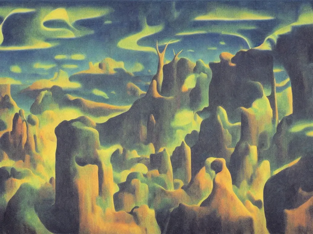 Image similar to Aurora Borealis night, sweaty mountain, the antler people, giant raindorps, African god mask, acid rains. The sacred breast, Fata morgana above the oasis. Painting by Rene Magritte, Jean Delville, Max Ernst, Maria Sybilla Merian