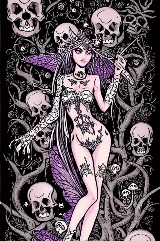 Prompt: a gothic fairy surrounded by skulls and mushrooms, fantasy graphic novel style, by wendy pini, intricate, fine inking lines, extremely detailed, flat colors