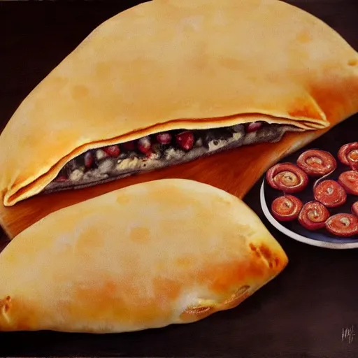 Image similar to al capone as a calzone being turned into a calzone as a calzone but still with the face of al capone being baked in an oven as a calzone, realistic, hyperrealistic, ultra realistic, real, real world, highly detailed, very detailed, extremely detailed, intricate details, 8 k resolution, hd quality