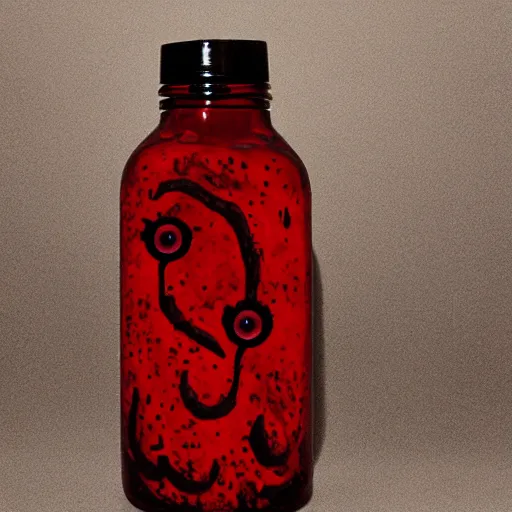 Prompt: a bottle filled with opaque, red slime and eyes