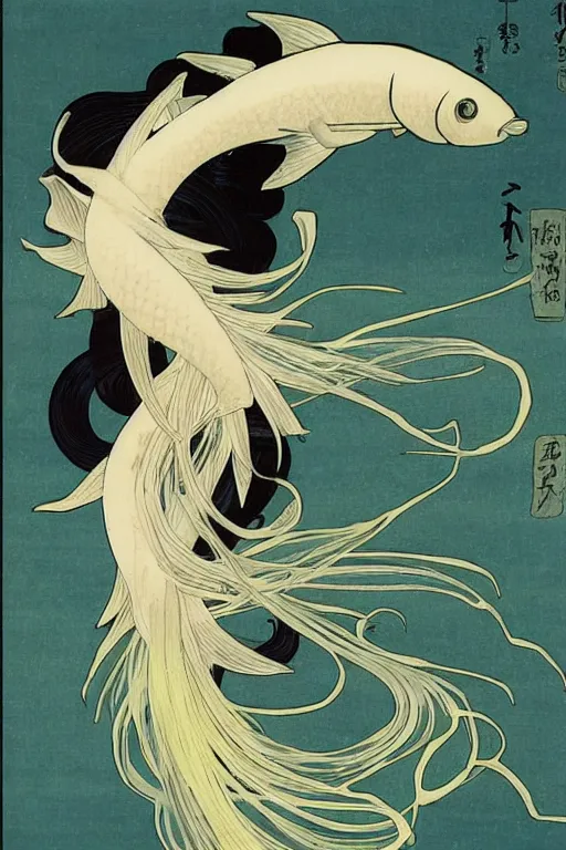 Prompt: ikebana of aquatic botanical plants and a graceful iridescent white betta fish with long swirling fins, black-water-background, traditional Japanese painting, hiroshige, artstation, alphonse-mucha