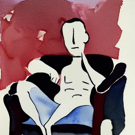 Image similar to a minimalist painting of a charming man reclined on a sofa. 1991. Watercolor and Acrylic on Paper