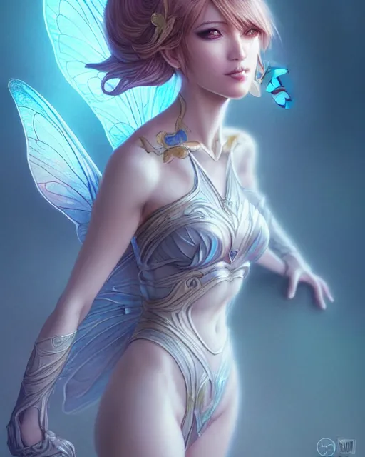 Prompt: 3 / 4 view of a woman with fairy wings, confident pose, pixie character, video game genshin impact, manga cover, intricate, elegant, sharp focus, illustration, highly detailed, concept art, matte, magali villeneuve, artgerm, trending on artstation