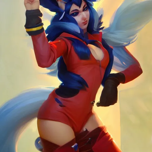 Image similar to greg manchess portrait painting of ahri as overwatch character, medium shot, asymmetrical, profile picture, organic painting, sunny day, matte painting, bold shapes, hard edges, street art, trending on artstation, by huang guangjian and gil elvgren and sachin teng