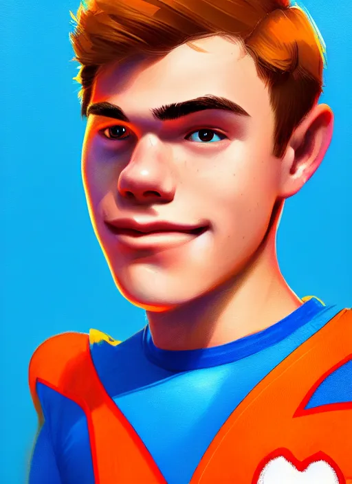 Image similar to friendly teenage archie andrews wearing an orange superhero costume with heart logo, heart, freckles, blue cape, heart emblem on chest, blue cape, intricate, elegant, glowing lights, highly detailed, digital painting, artstation, sharp focus, illustration, art by wlop, mars ravelo and greg rutkowski