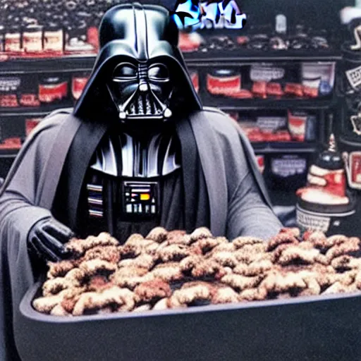 Prompt: photo of darth vader selling moshrooms