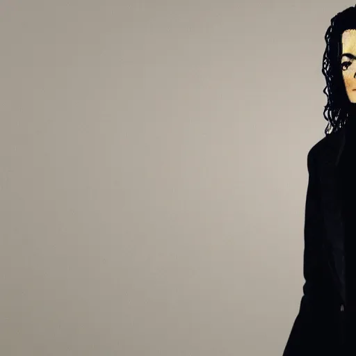 Prompt: a portrait of michael jackson wearing a long black coat & wearing a backpack