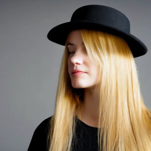 Image similar to portrait of 2 0 - year - old woman with angle lost profile looking away, cinematic colors, medium yellow blond hair, character with a hat, hair comes out of the hat a little