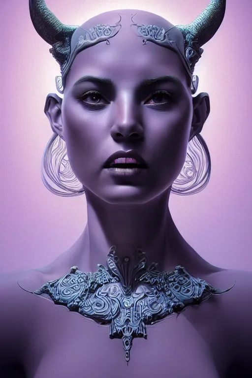 Prompt: dreamy poltergeist fused with calibos, beautiful artificial female entity, elegant ornate pattern, face portrait, intricate details, by vincent di fate, artgerm, julie bell, beeple and Greg Rutkowski, 90s, concept, Smooth gradients, octane render, 8k, High contrast, duo tone, depth of field, very coherent symmetrical artwork