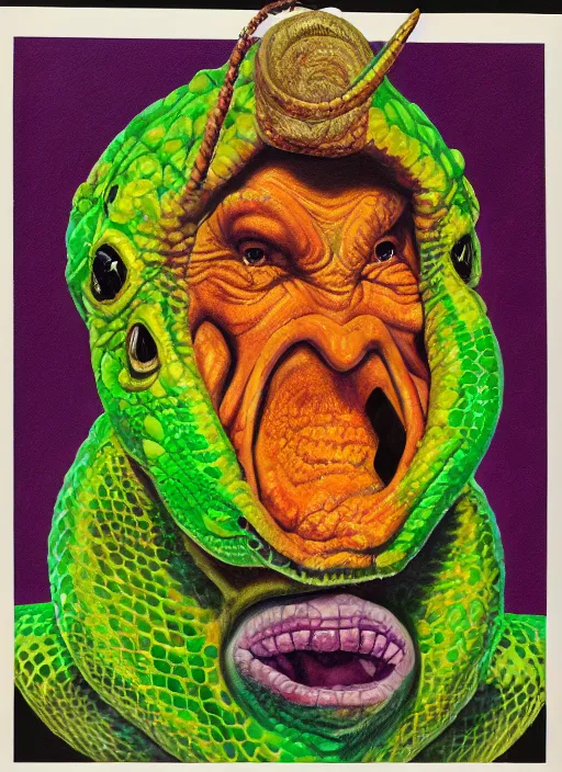 Image similar to oil painting portrait of a cowboy lizard person, a gorn from star trek, a snake oil salesman wearing a blonde wig in a movie poster for a movie called gorn on the bull horn girl, purple green color scheme