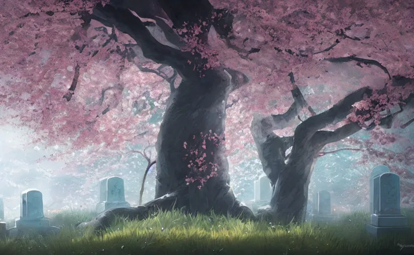 Prompt: A painting of the Grave of cherry blossoms trending on artstation in the style of Greg Rutkowski