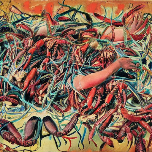 Image similar to Pasiphae by Jackson Pollock, meeting God, lobsters, coral, worms, larvae, Strawberry Jam by Animal Collective, realistic photograph of fruit