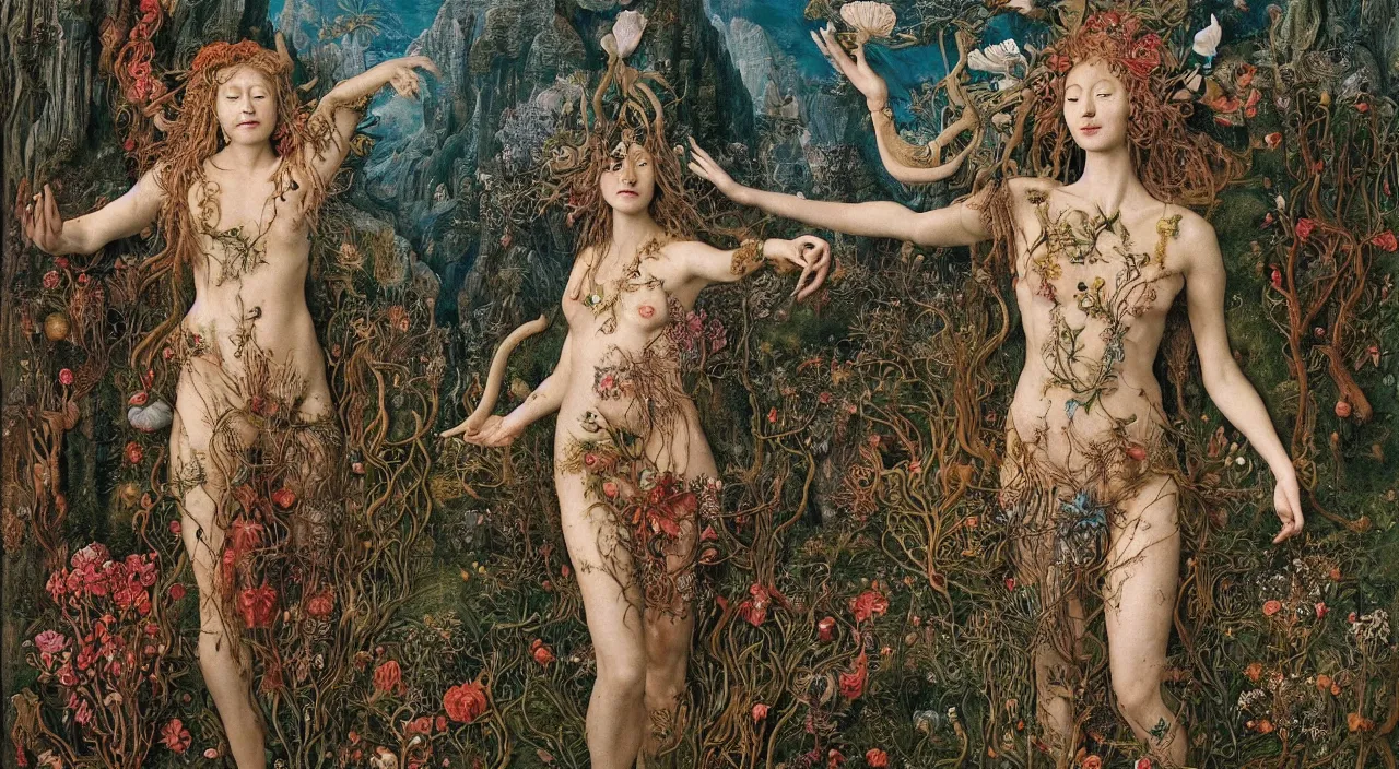 Prompt: a meditating druid dryad surrounded by flowers transforming herself into a giant fish. her skin is covered in scales and feathers. landscape with mountains, river and burning stars. painted by jan van eyck, max ernst and ernst haeckel, trending on artstation, 8 k, award winning, hard lighting, fashion editorial, mythology, photorealistic, ernst fuchs