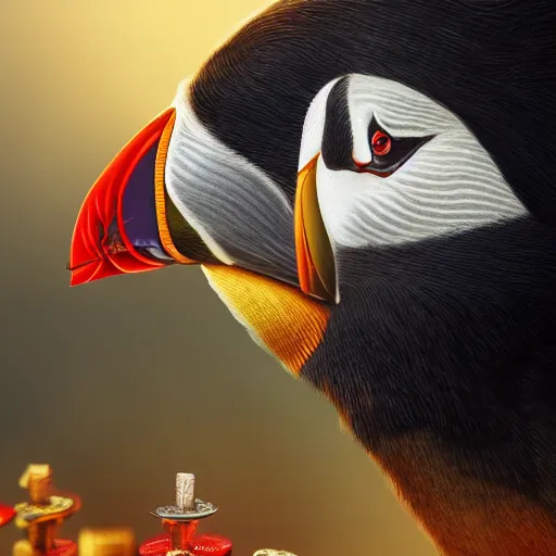 Image similar to puffin playing board game, cinematic, cinematic lighting, trending on Artstation, Cgsociety, detailed, 4k, very realistic