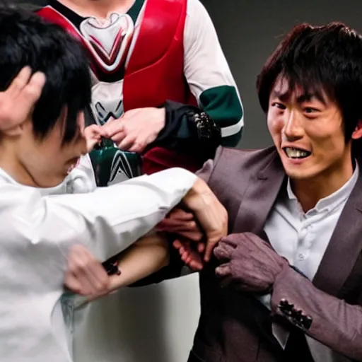 Prompt: toshiki inoue getting beaten up by kamen rider fans