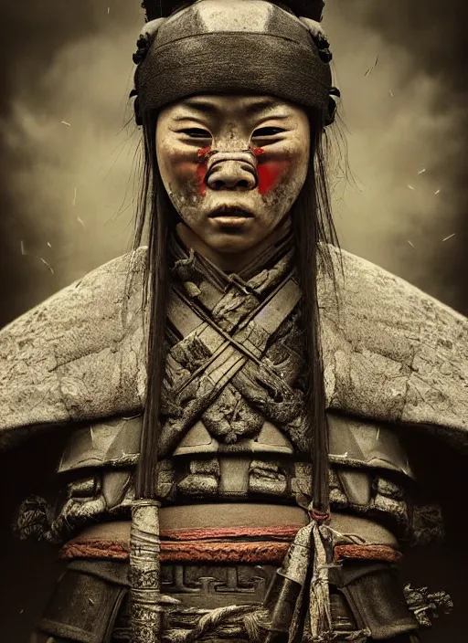 Prompt: samurai portrait, symmetrical face, wearing mempo mask, after a battle, dirt and unclean, extreme detail, cinematic, dramatic lighting render, photorealism photo by national geographic, tom bagshaw, masterpiece