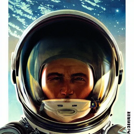 Image similar to a close up painting of an astronaut floating in space. his helmet visor is dark and reflective. you can see the reflection of the photographer in his helmet visor. by artgerm and greg rutkowski and alphonse mucha