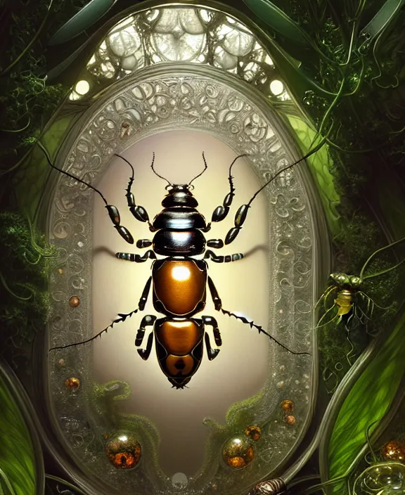 Image similar to intricate ornate opulent transparent clear see - through portrait of a playful beautiful alien beetle, fractal, adorable, childlike, overgrown biopunk jungle environment, ultra realistic, concept art, art nouveau, photorealistic, octane render, 8 k, unreal engine. art by christopher marley and artgerm and greg rutkowski and alphonse mucha