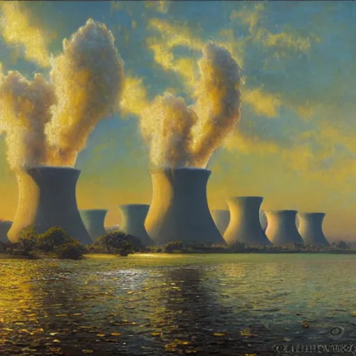 Image similar to detailed cinematic wide shot of giant world nuclear power plant, ultra realistic, spring light, painting by gaston bussiere, craig mullins, j. c. leyendecker