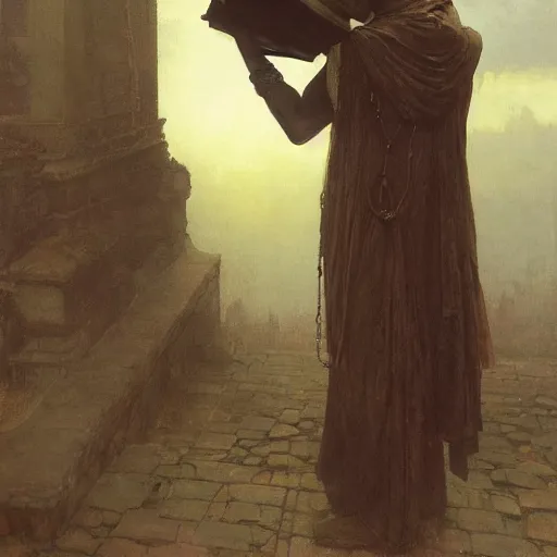 Image similar to half portait of magican wearing a closed cowl holding a big old book! with chains on his wrist, jeremy mann, jean leon gerome, alphonse mucha, greg rutkowski, hood covers his eyes, ( ( ruins of ancient rome ) ), at dusk, mysterious atmosphere, sunrays, dof, masterpiece, high detailed, 8 k