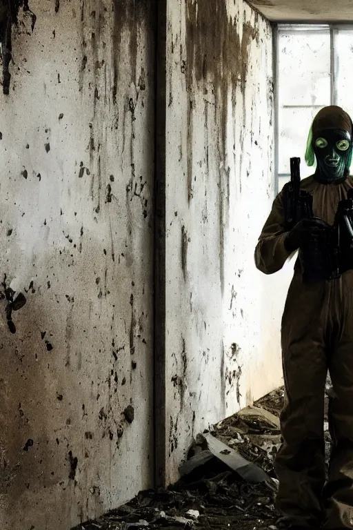 Image similar to dystopian hazmat woman holding zombie at gunpoint in dilapidated building. by Roger Deakins