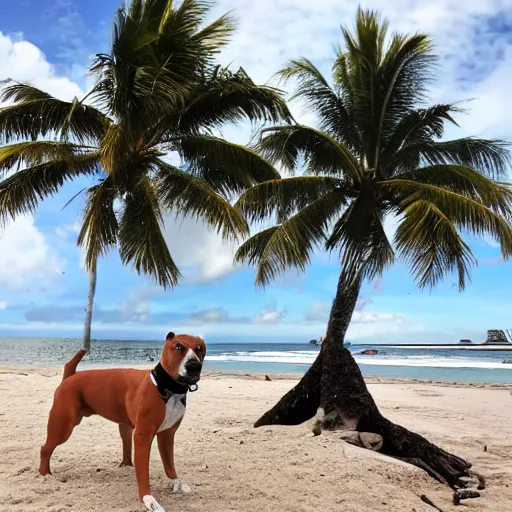 Image similar to an american pitpull terrier on an island beach with palm trees in the background