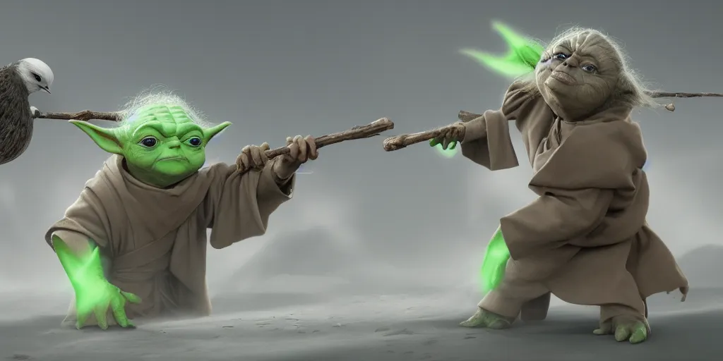 Image similar to Yoda smacking a seagull with a stick, hyperdetailed, artstation, cgsociety, 8k