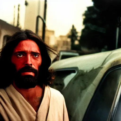 Prompt: A photo of Jesus as slasher villain, f/22, 35mm, 2700K, kodachrome, award winning photography