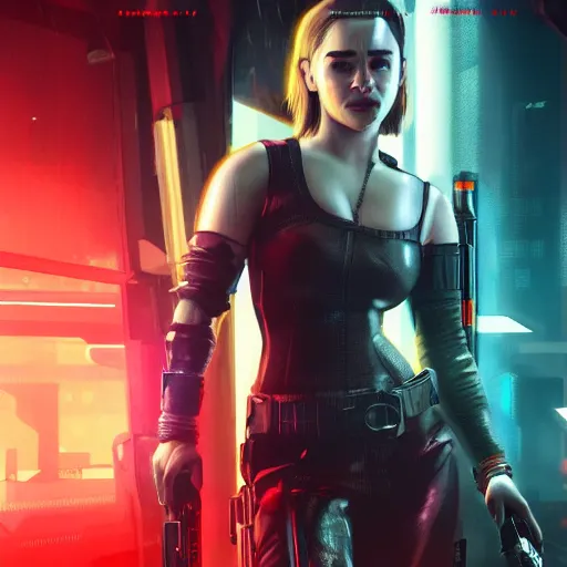 Image similar to Emilia Clarke in Cyberpunk 2077, 4k detailed artstation image, video game poster