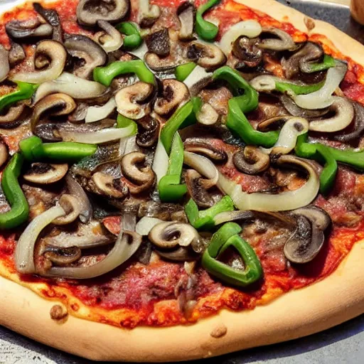 Image similar to a pizza topped with liver, onions, green peppers, anchovies, mushrooms