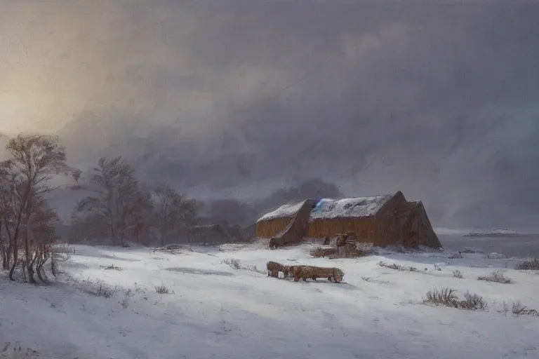 Image similar to Longhouse, snowy plains, cliffs to a lower bay history painting, morning light, Archaic viking blizzard, artstation, oil on canvas, by Albert Aublet, Private Collection