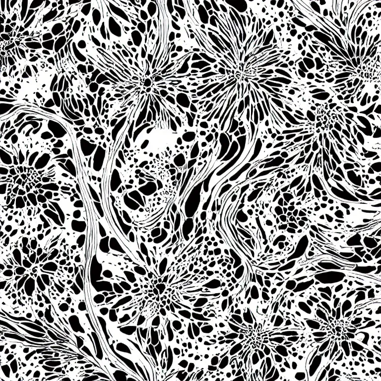 Prompt: space, black and white, botanical illustration, intricate, black ink on white paper, tiled pattern, white border