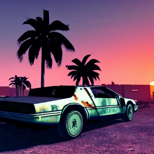 Image similar to wasteland hotline miami desert apocalypse car wasteland war destroyed wide shot landscape nuke fire craters end of the world miami beach sunset palm trees 80s delorean unreal engine dark style