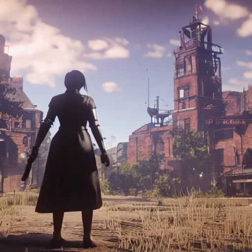 Prompt: Film still of 2B nier automata in a town from Red Dead Redemption 2 (2018 video game)