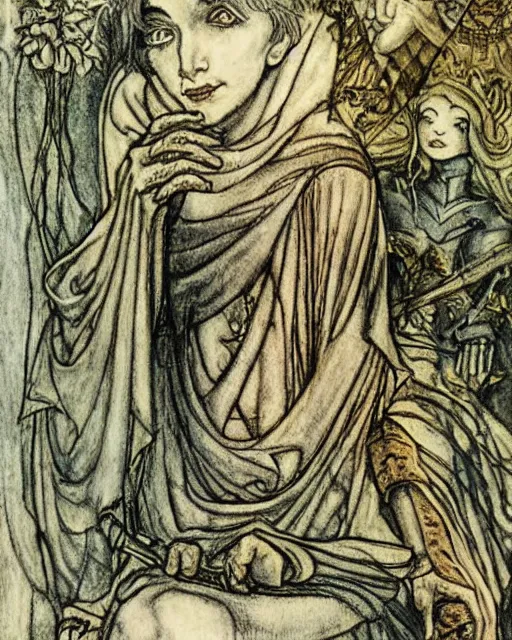 Prompt: tarot card detailed painting, illustration, tarot card framing with roman numbers, in style of Arthur Rackham