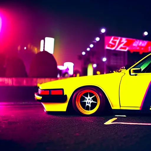 Image similar to a car S30 turbo drift at illegal car meet, shibuya prefecture, sunset night mist neon lights, cinematic color, photorealistic, highly detailed wheels, highly detailed