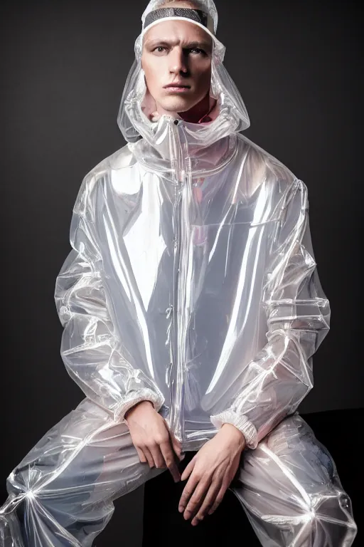 Image similar to an ultra high definition professional high fashion portrait studio full length photograph of a male model wearing a transparent pearlescent raincoat and neon visor sitting on a sofa in an icelandic black rock environment at dawn. no artefacts. extremely detailed. stark. refraction. shallow depth of field. volumetric light and shadow. ray tracing. light rays.