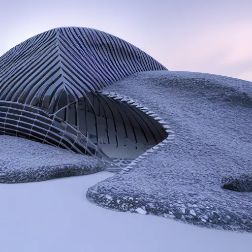 Prompt: museum with parametric architecture style at a volcano mountain site, in winter, artstation, 8 k.