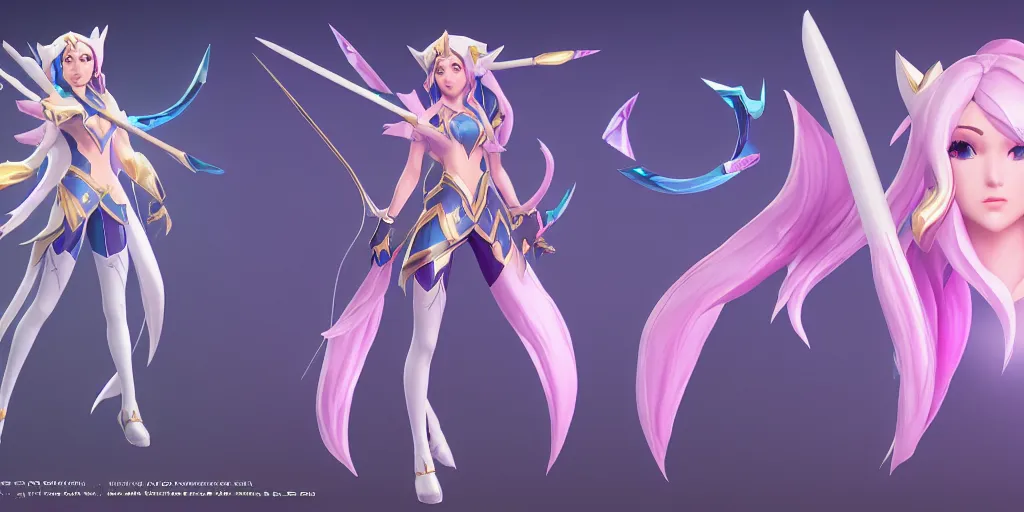 Image similar to character sheet of Star Guardian Ashe (League of Legends). Ashe is an archer. 3d render, unreal engine 5, 8k resolution, trending on artstation