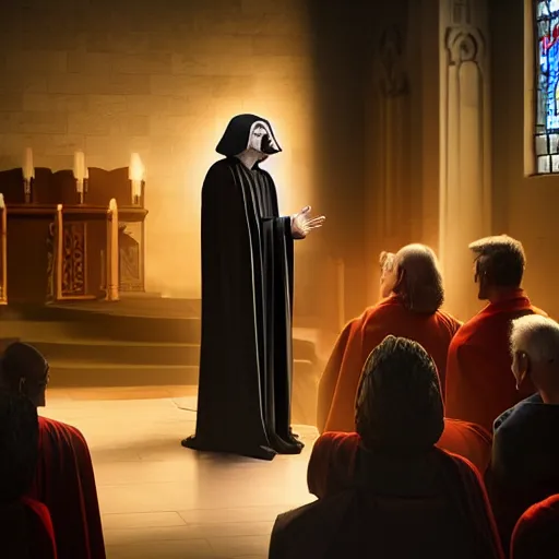 Image similar to emperor palpatine preaching to people at church, 8k cinematic lighting, very sharp detail, anatomically correct