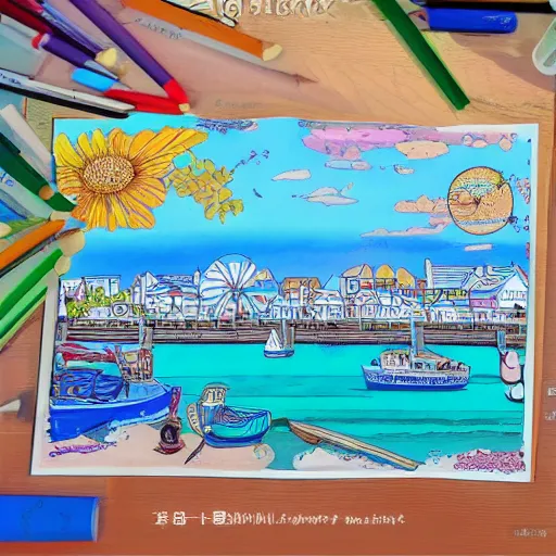 Prompt: seaside town coloring page in style of studio ghibli n 9