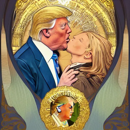 Prompt: donald trump gay kissing joe biden | highly detailed | very intricate | art nouveau | gold filigree | romantic storybook fantasy | soft cinematic lighting | award - winning | disney watercolor illustration by mandy jurgens and alphonse mucha and alena aenami | pastel color palette | featured on artstation