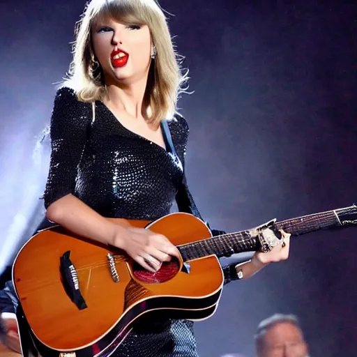 Image similar to taylor swift smashing a guitar over the head of hank williams jr, ultra realistic, highly detailed,