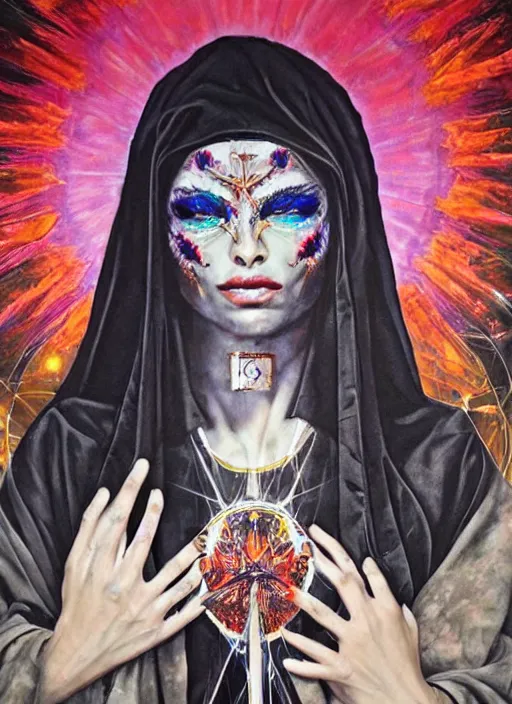Prompt: beautiful tripping cult magic psychic woman, subjective consciousness psychedelic, epic occult ritual symbolism story iconic, dark robed witch, oil painting, robe, symmetrical face, greek dark myth, by Sandra Chevrier, masterpiece